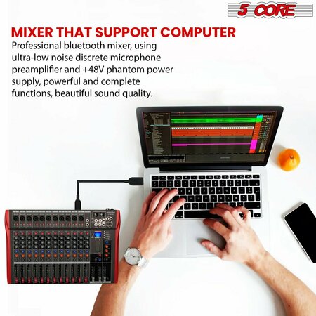 5 Core 5 Core Audio DJ Mixer 12 Channel Stereo Sound Board Console - w Bluetooth - USB - 48V Phantom Power MX 12CH